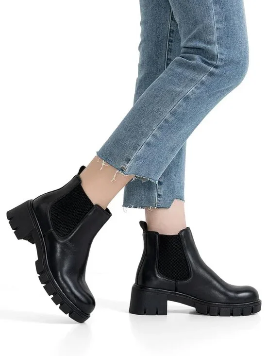 Women's Black 1 Platform Lug Sole Elastic Slip On Imported Chelsea Ankle Boots - Picture 2 of 7